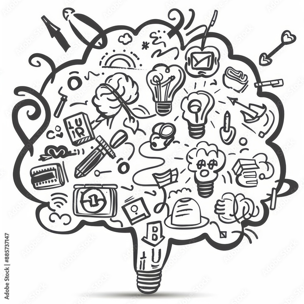 a mind map on paper clipart, brainstorming and learning, handdrawn style, black and white, isolated on white background a mind map on paper clipart, brainstorming and learning, handdrawn style, black and white, isolated on white background