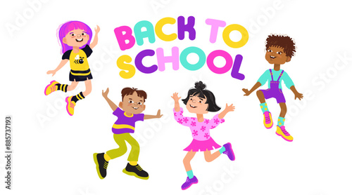 Back to school, education concept. Group of happy Kids. Vector.