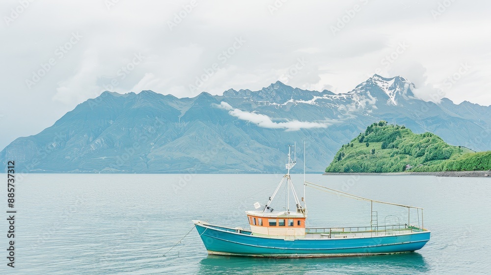 Serene Fishing Boat in Misty Lake with Storm Clouds and Majestic Mountain Landscape for Calm Nature Poster Serene Fishing Boat in Misty Lake with Storm Clouds and Majestic Mountain Landscape for Calm Nature Poster