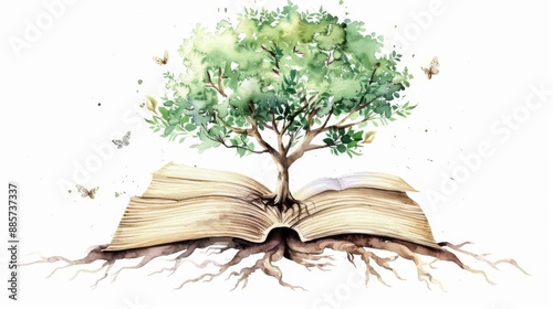a tree with roots in books clipart, knowledge growth symbol, watercolor illustration, earthy tones, isolated on white background