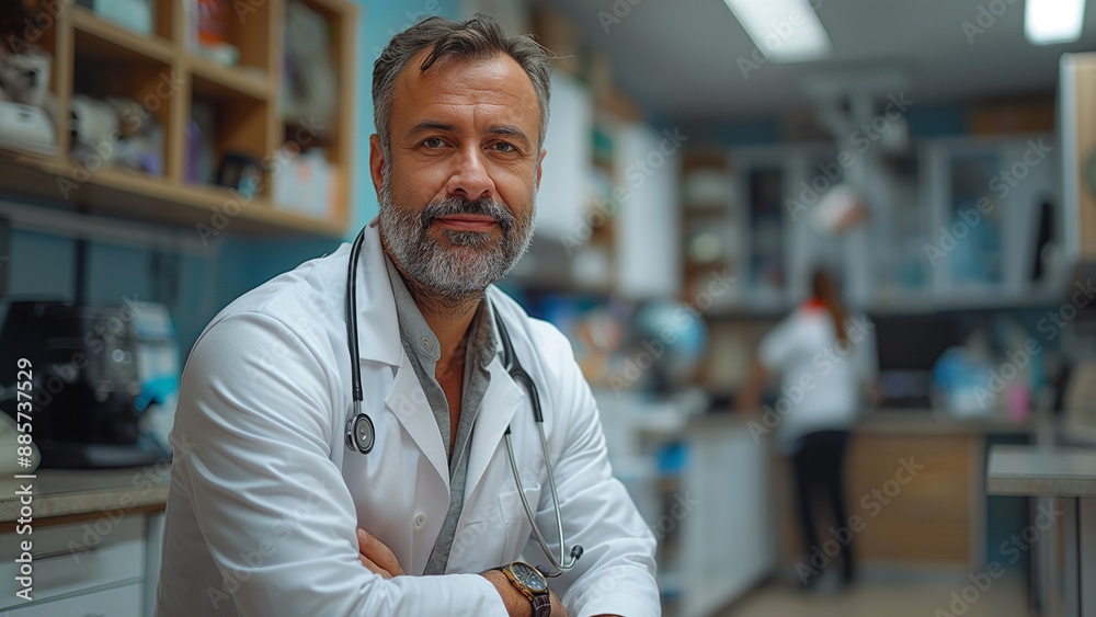 Senior male doctor with a beard in a clinic, representing trust and professionalism in healthcare. Senior male doctor with a beard in a clinic, representing trust and professionalism in healthcare.