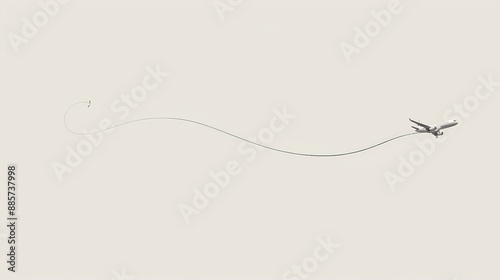 Minimalist image of an airplane in flight with a long trail against a light sky background.