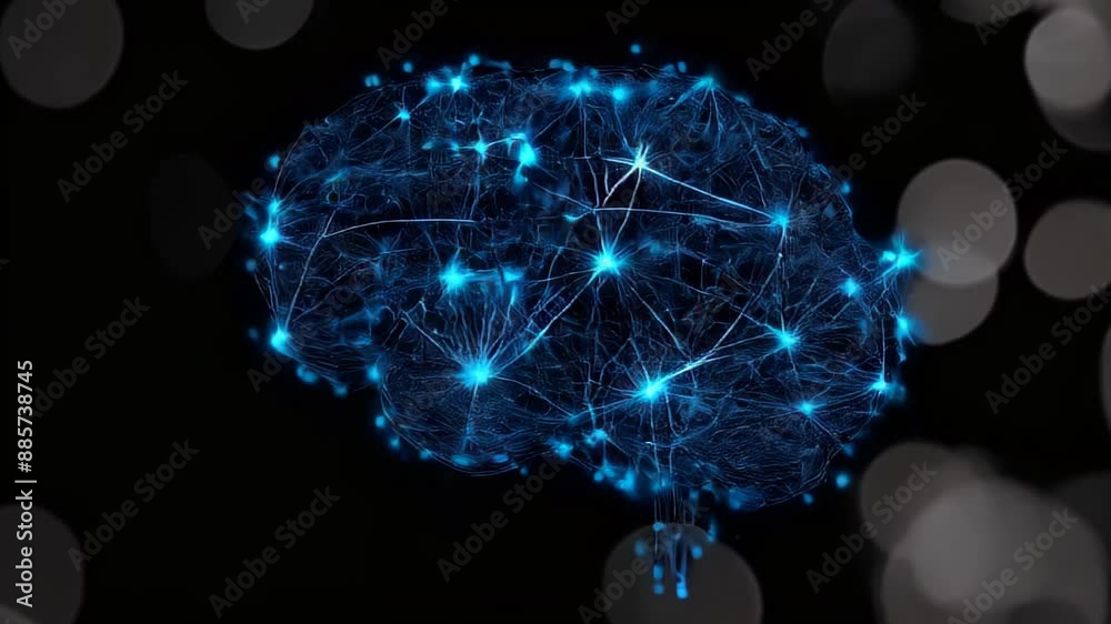 Blue digital brain logo with grid line and ai technology icon rotation ...