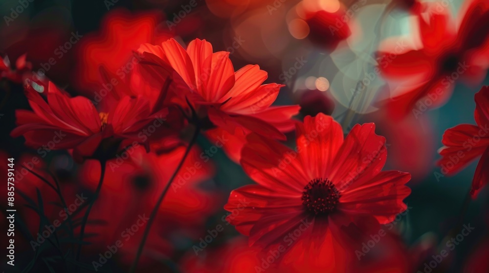 A group of vibrant red flowers growing together in a green field A group of vibrant red flowers growing together in a green field