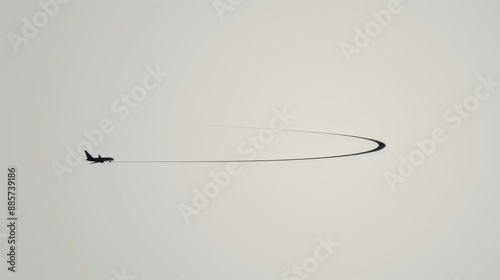 Minimalist image of an airplane in flight with a long trail against a light sky background.