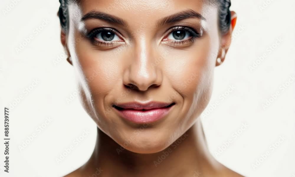 Confident woman smiling in close up, radiating natural beauty and happiness. Ideal for beauty and lifestyle projects Confident woman smiling in close up, radiating natural beauty and happiness. Ideal for beauty and lifestyle projects