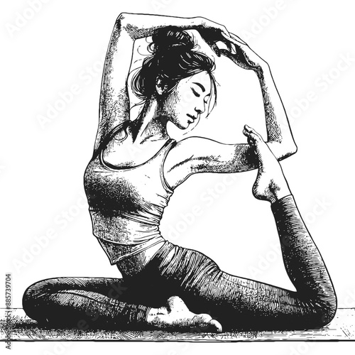 Asian woman doing yoga , vector sketch