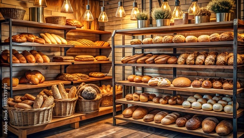 Warm breads and rolls fill the wooden showcase of cozy bakery, enticing customers with fresh aroma., wood, bread, fresh, showcase