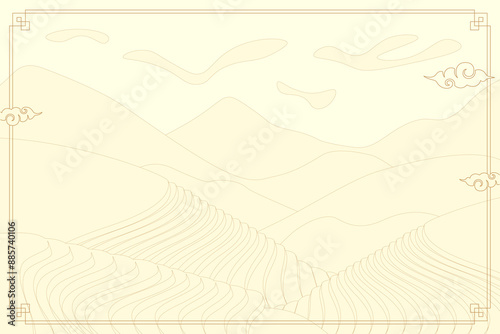Rice field horizontal banner. Chinese agricultural terraces in hills landscape. Oriental rural farmland paddy scenery. Terraced farmer cultivation meadow pattern. Asian agriculture cascade plantation