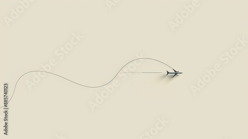 Minimalist background with a black airplane silhouette and a long curved trail on a light beige backdrop.