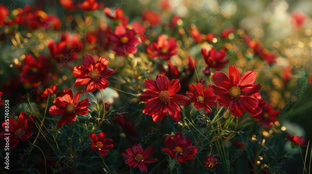A bright and colorful image featuring a vibrant arrangement of red flowers basking in warm sunlight A bright and colorful image featuring a vibrant arrangement of red flowers basking in warm sunlight
