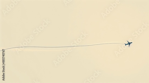 Minimalist background with a black airplane silhouette and a long curved trail on a light beige backdrop.