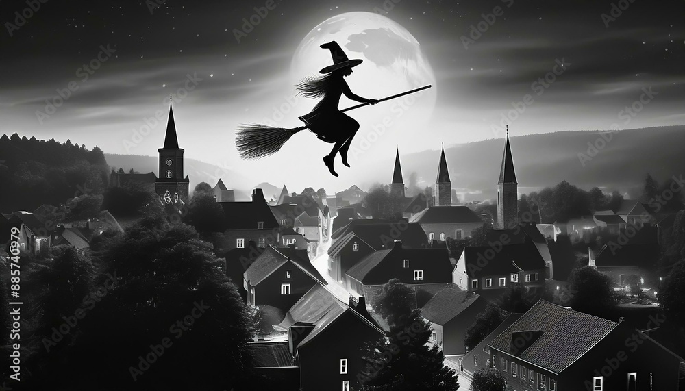 Black and white illustration of a witch on a broom flying over town ...