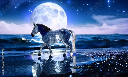 Shimmering horse walks gracefully along the moonlit ocean shore under a starry sky. Perfect for dreamlike, mystical, or fantasy themed projects photo