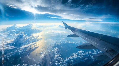 A high-altitude view of the Earth from an airplane window, providing a breathtaking perspective with room for text