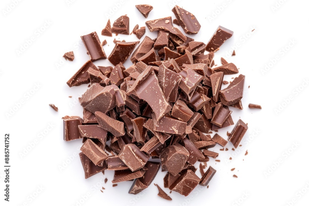 A pile of chocolate pieces on a white surface A pile of chocolate pieces on a white surface
