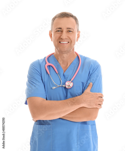 Mature doctor on white back...