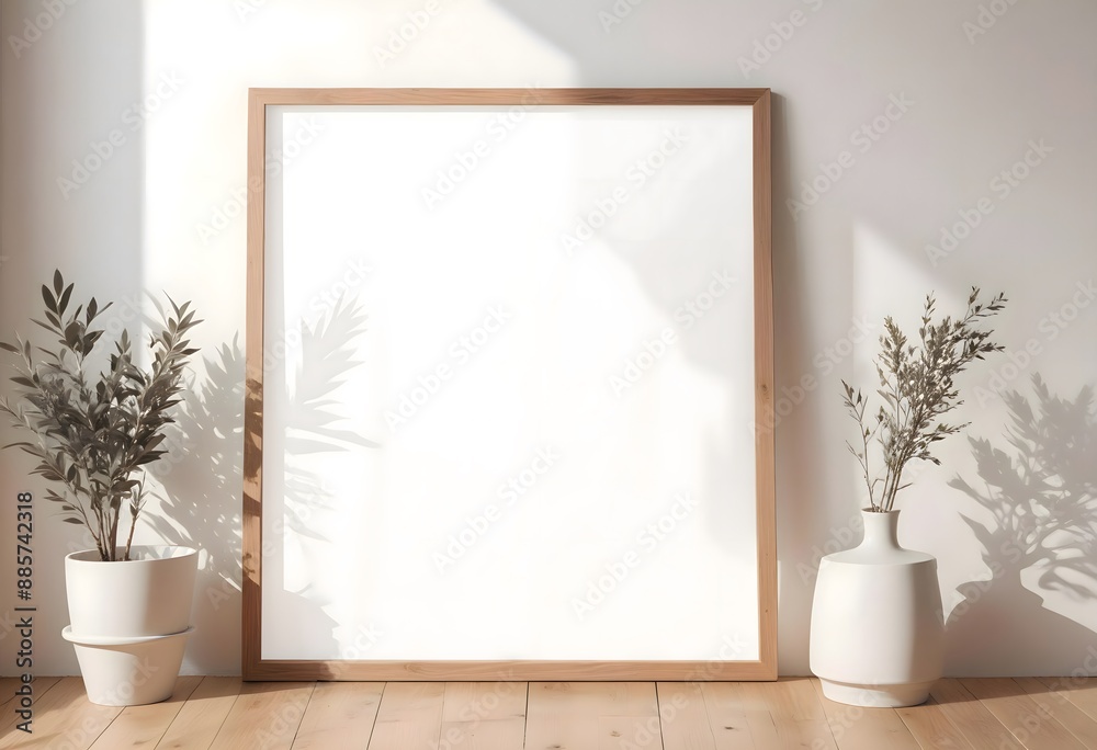 A wooden frame on the table in a minimalist design with space for text, frame mockup A wooden frame on the table in a minimalist design with space for text, frame mockup