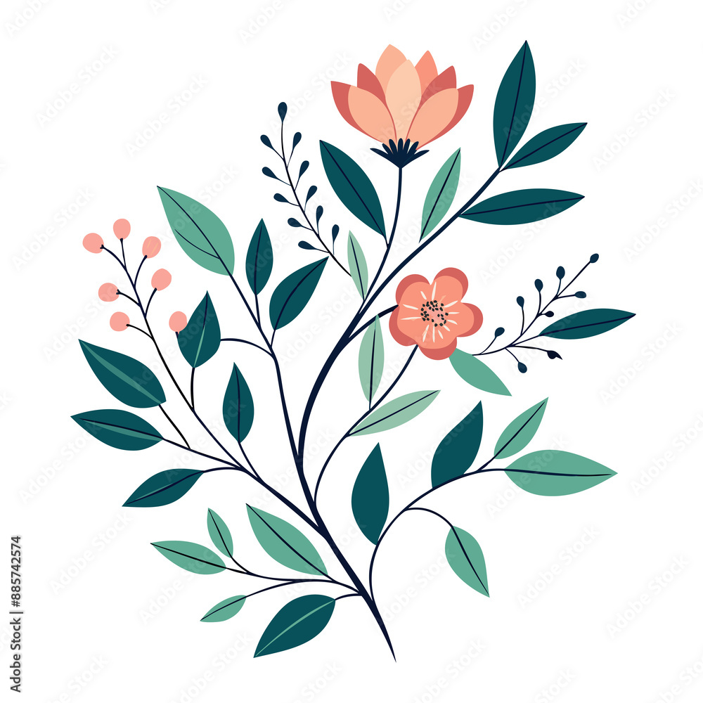 A stylized botanical design features a sprig with green leaves and pink blossoms. A stylized botanical design features a sprig with green leaves and pink blossoms.