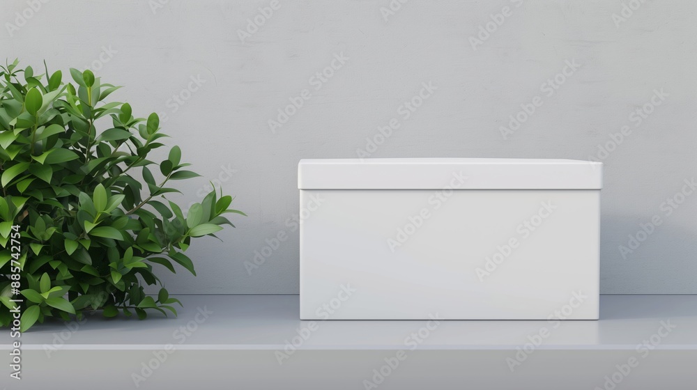 White Box Against Minimalist Gray Background With Green Plant For ...