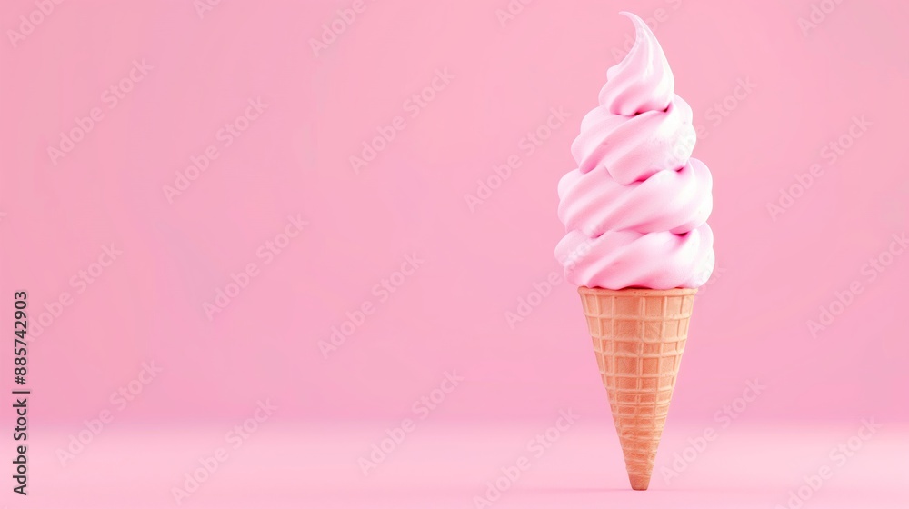 Delicious Soft Serve Pink Ice Cream Cone Against Pink Background, Minimalist Design, Summer Treat Delicious Soft Serve Pink Ice Cream Cone Against Pink Background, Minimalist Design, Summer Treat