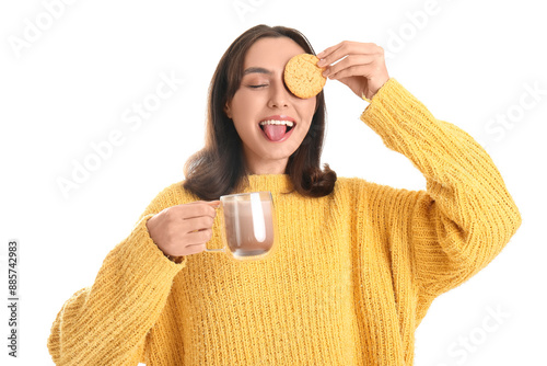 Funny young woman drinking ...