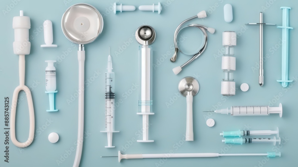 Obraz premium A flat lay displays various tools used in patient care, including stethoscopes and syringes