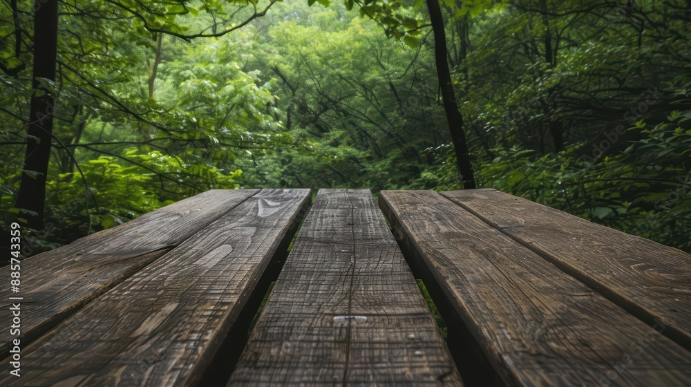 A lush forest surrounds an empty brown wooden table, creating a serene and peaceful atmosphere A lush forest surrounds an empty brown wooden table, creating a serene and peaceful atmosphere