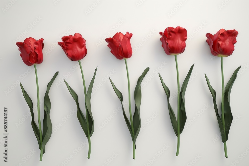 Five bright red tulips arranged on a clean white surface, set against a pure white background. The flowers are fresh and vibrant, with delicate petals and green stems. Five bright red tulips arranged on a clean white surface, set against a pure white background. The flowers are fresh and vibrant, with delicate petals and green stems.