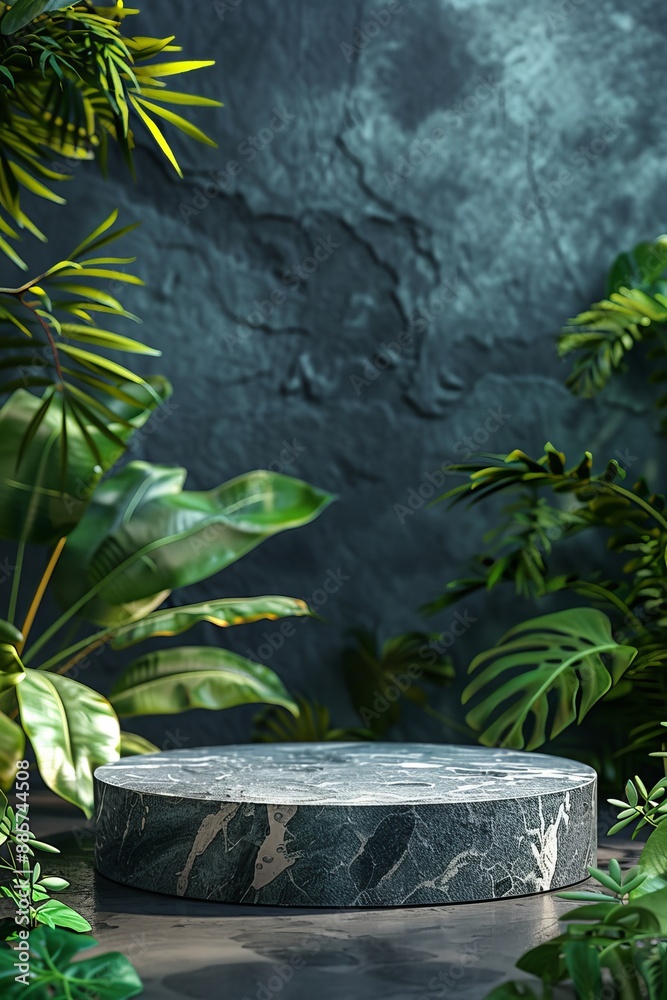 Stone podium for product presentation mockup with tropical leaves on dark background Stone podium for product presentation mockup with tropical leaves on dark background