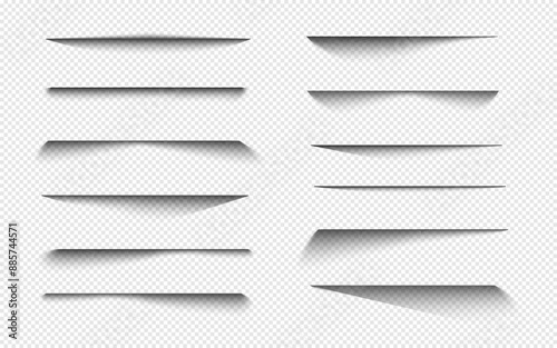 Set of transparent shadows. Shadow strips, realistic lines overlay effect isolated on transparent background.  Dividers graphic design elements, vector illustration