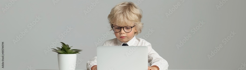 Little boy in oversized tie typing on laptop Little boy in oversized tie typing on laptop
