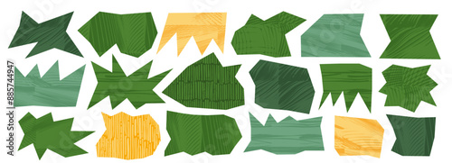 Green shape with naive crayon scribble texture, abstract figure, modern vector design. Organic background, flat cartoon set. Rough grunge illustration. Contemporary geometry, collage landscape cutout