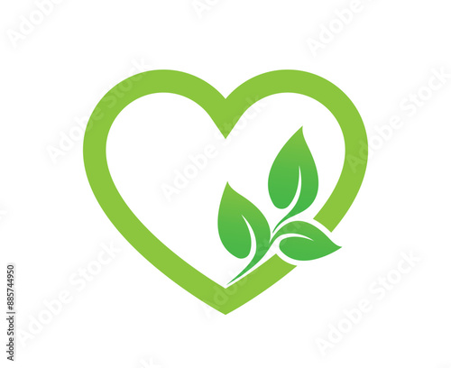 beautiful green love heart with growing leaf environment logo transparent background