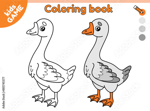 Page of kids coloring book with cartoon goose. Color the outline farm bird. Educational activity book for kindergarten and school children. Vector contour baby illustration.
