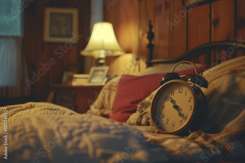 Vintage alarm clock showing 6:30 AM in a warm, rustic bedroom setting, signaling time to wake up photo