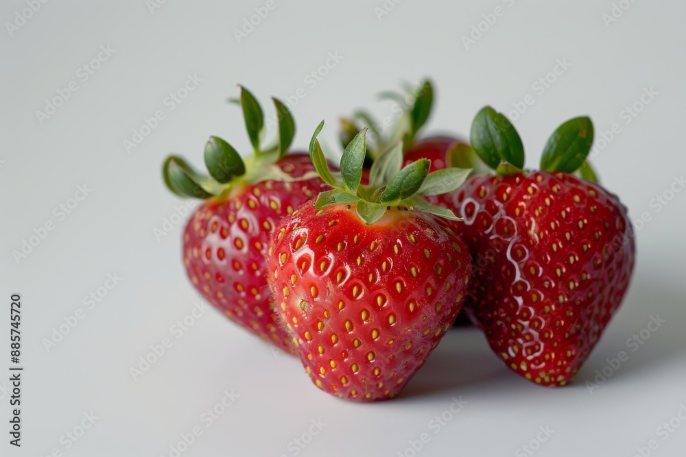 Four whole strawberries are placed on a clean white surface, with a plain white background that makes them stand out. The strawberries are plump and ripe, with slight sheen to their skin. Four whole strawberries are placed on a clean white surface, with a plain white background that makes them stand out. The strawberries are plump and ripe, with slight sheen to their skin.