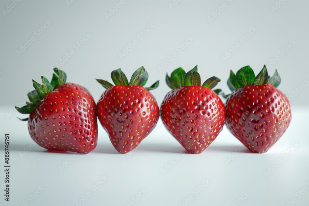 Four whole strawberries are placed on a clean white surface, with a plain white background that makes them stand out. The strawberries are plump and ripe, with slight sheen to their skin.