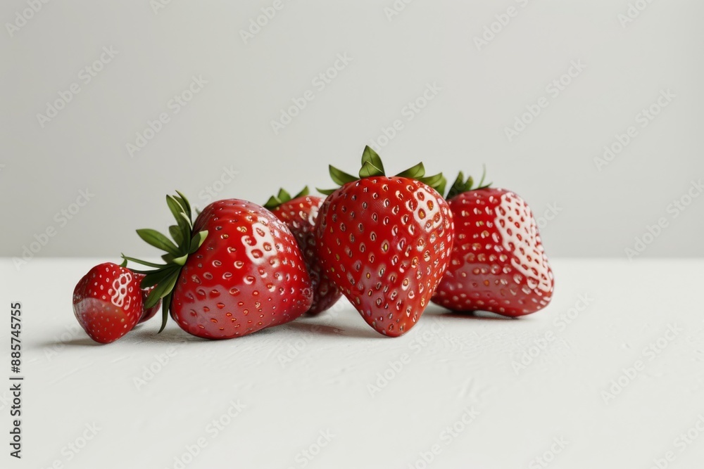 Four whole strawberries are placed on a clean white surface, with a plain white background that makes them stand out. The strawberries are plump and ripe, with slight sheen to their skin.