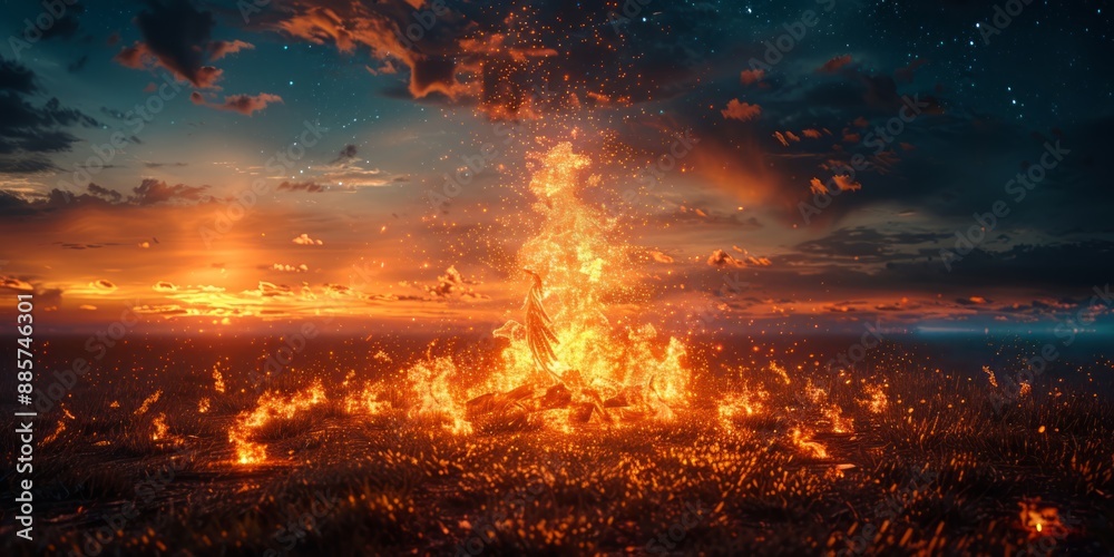 Burning embers rise from a bonfire, tracing a phoenix's silhouette against the night sky Burning embers rise from a bonfire, tracing a phoenix's silhouette against the night sky