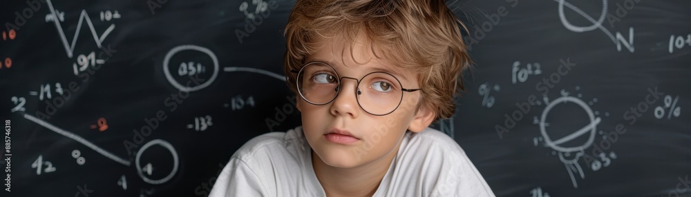 Child mathematician solving equations on chalkboard Child mathematician solving equations on chalkboard