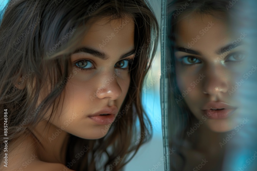 A person gazing into a mirror, contemplating and reflecting on their appearance A person gazing into a mirror, contemplating and reflecting on their appearance