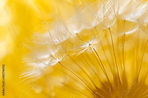 Close-up of dandelion seeds with yellow background photo