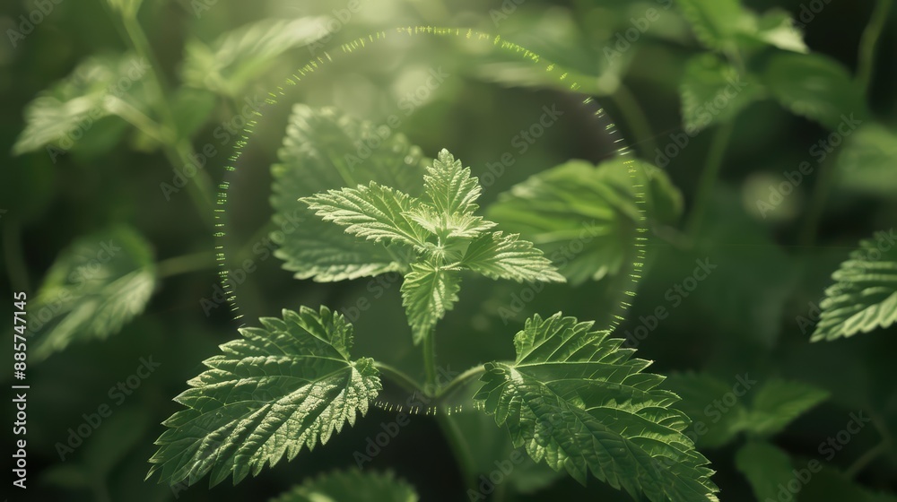 In a supernatural scene, nettles are surrounded by a shimmering shield, their leaves brimming with healing magic that soothes and revitalizes with a touch In a supernatural scene, nettles are surrounded by a shimmering shield, their leaves brimming with healing magic that soothes and revitalizes with a touch