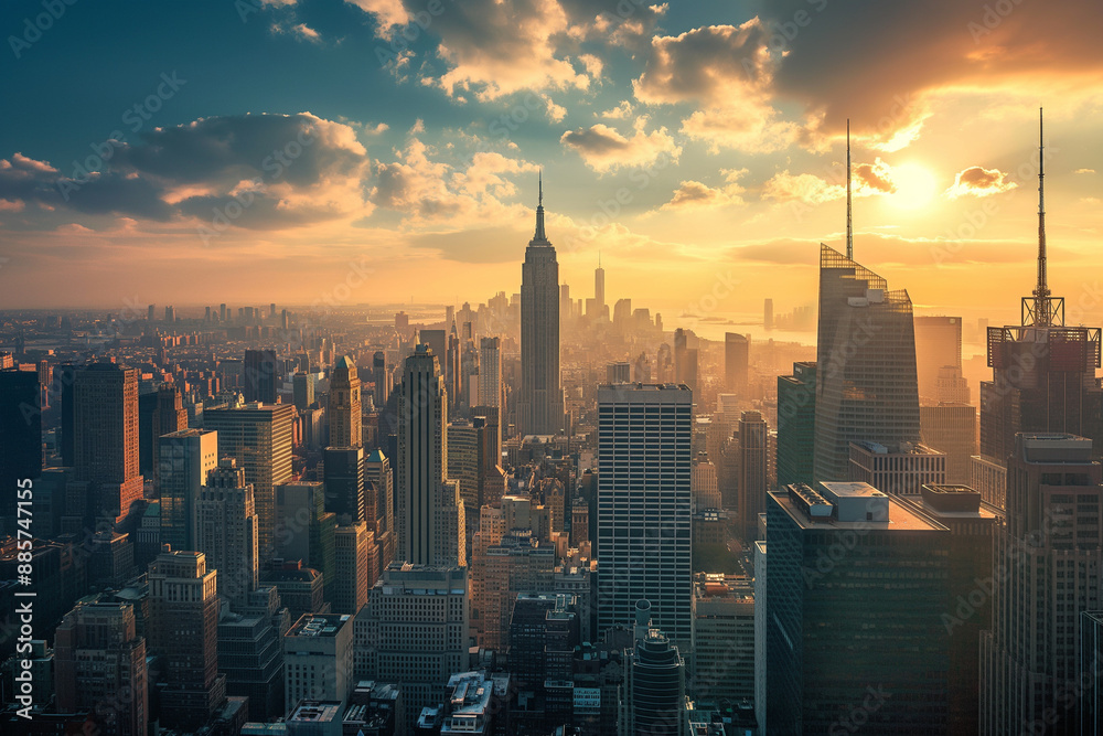 Obraz premium Photo of New York skyscrapers at sunset from a bird's eye view, USA