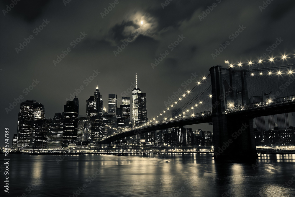 Fototapeta premium Landscape black and white photograph of Brooklyn Bridge in New York, USA. View from East River embankment to Manhattan