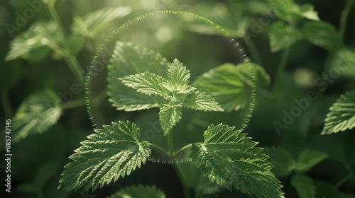 In a supernatural scene, nettles are surrounded by a shimmering shield, their leaves brimming with healing magic that soothes and revitalizes with a touch