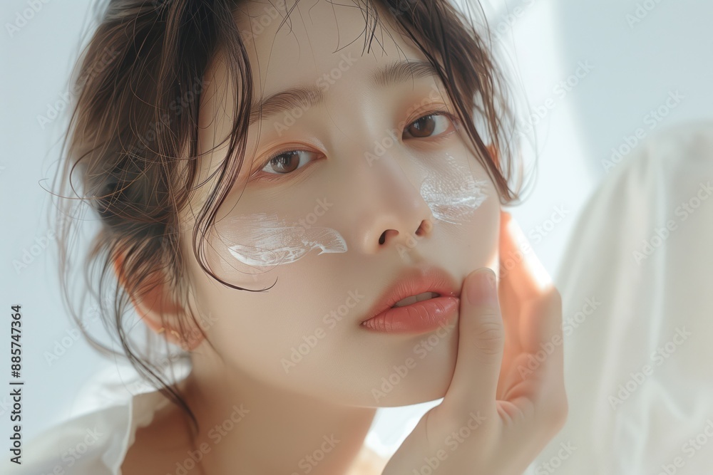 Asian woman applies hydrating cream on face. Beauty skincare routine at home. Female touches cheek, looks at camera. Cosmetics, wellness in morning light. Asian woman applies hydrating cream on face. Beauty skincare routine at home. Female touches cheek, looks at camera. Cosmetics, wellness in morning light.