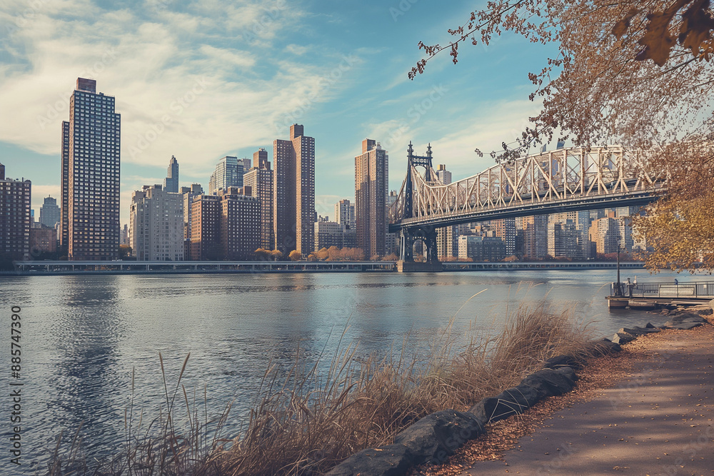 Naklejka premium Landscape photography of the Brooklyn Bridge in New York City, USA. View from the East River embankment to Manhattan