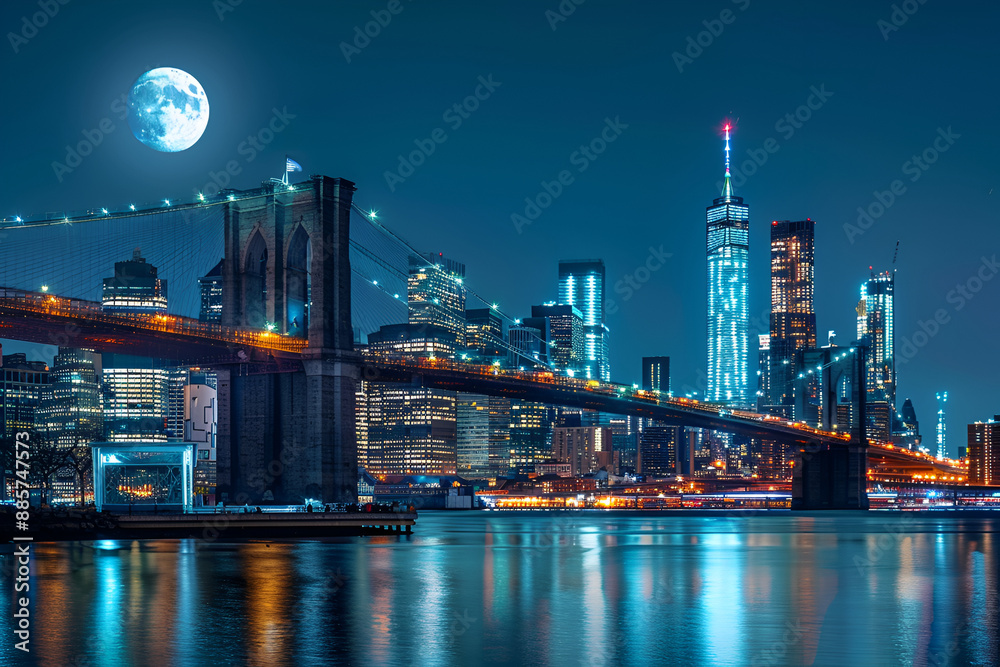 Landscape photo of Brooklyn Bridge in New York at midnight, USA. View from the East River to Manhattan Landscape photo of Brooklyn Bridge in New York at midnight, USA. View from the East River to Manhattan